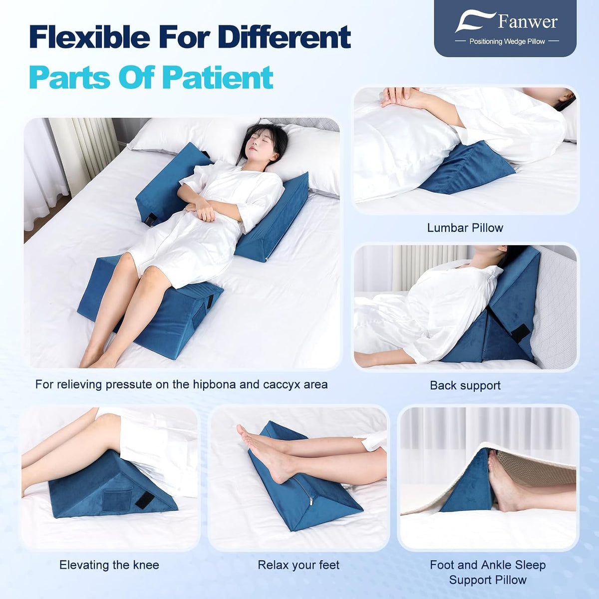 Fanwer Positioning Wedge Pillow for Side Sleeping (3 in 1), 40 Degree Triangle Bed Wedges & Body Positioners for Back Pain, Preventing Bedsores, After Surgery, Knees Elevated, Pregnancy