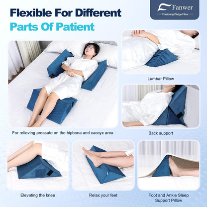 Fanwer Positioning Wedge Pillow for Side Sleeping (3 in 1), 40 Degree Triangle Bed Wedges & Body Positioners for Back Pain, Preventing Bedsores, After Surgery, Knees Elevated, Pregnancy