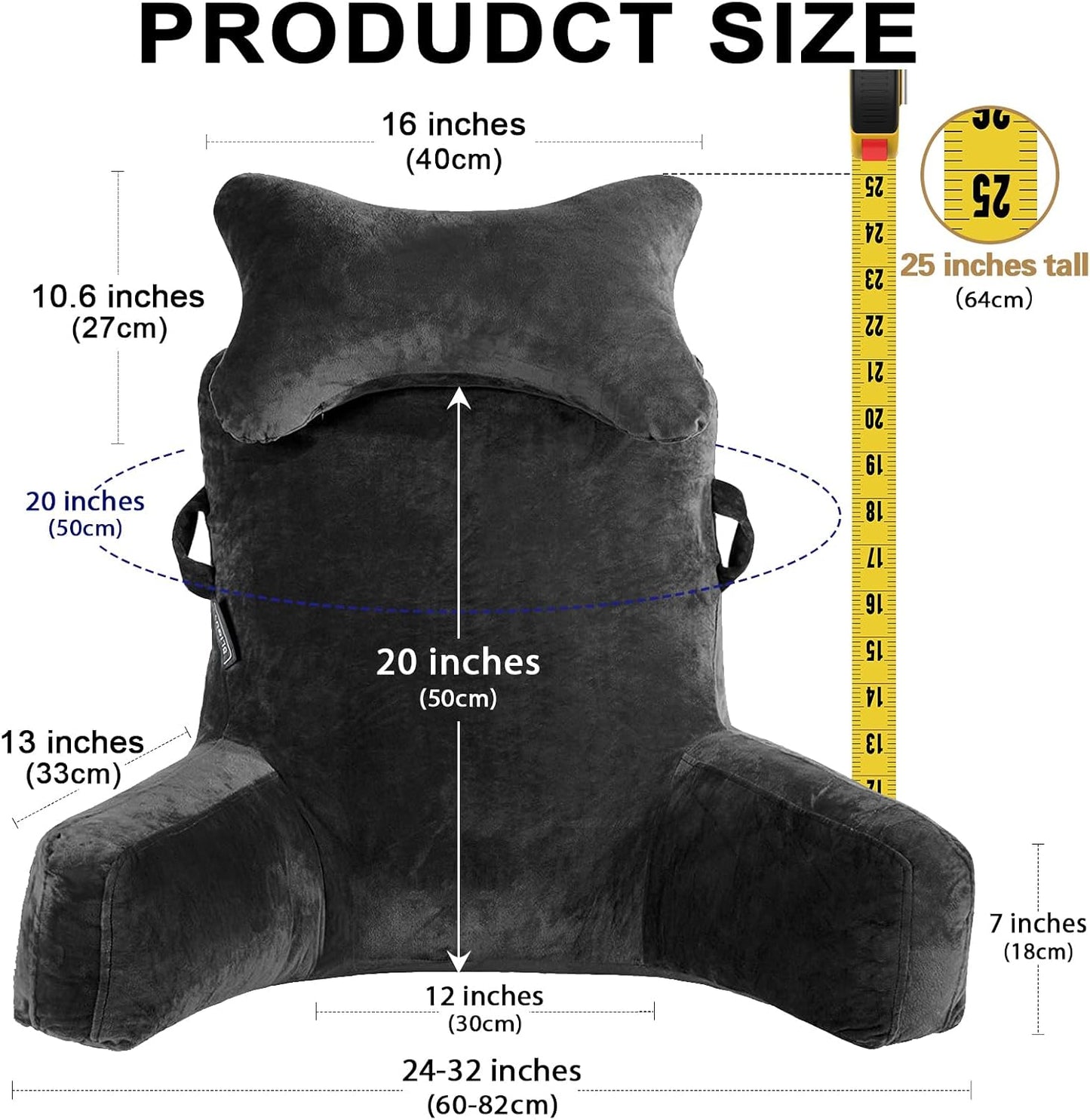 SLIGUY Reading Pillow-Bed Rest Pillow with Detachable Neck Roll & Support Arm for Sitting in Bed Couch or Floor-Backrest Reading Pillow Adult Back Pillow for Reading/Watching TV/Gaming,Dark Grey
