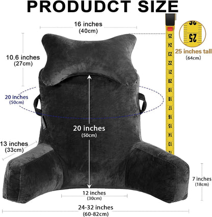 SLIGUY Reading Pillow-Bed Rest Pillow with Detachable Neck Roll & Support Arm for Sitting in Bed Couch or Floor-Backrest Reading Pillow Adult Back Pillow for Reading/Watching TV/Gaming,Dark Grey