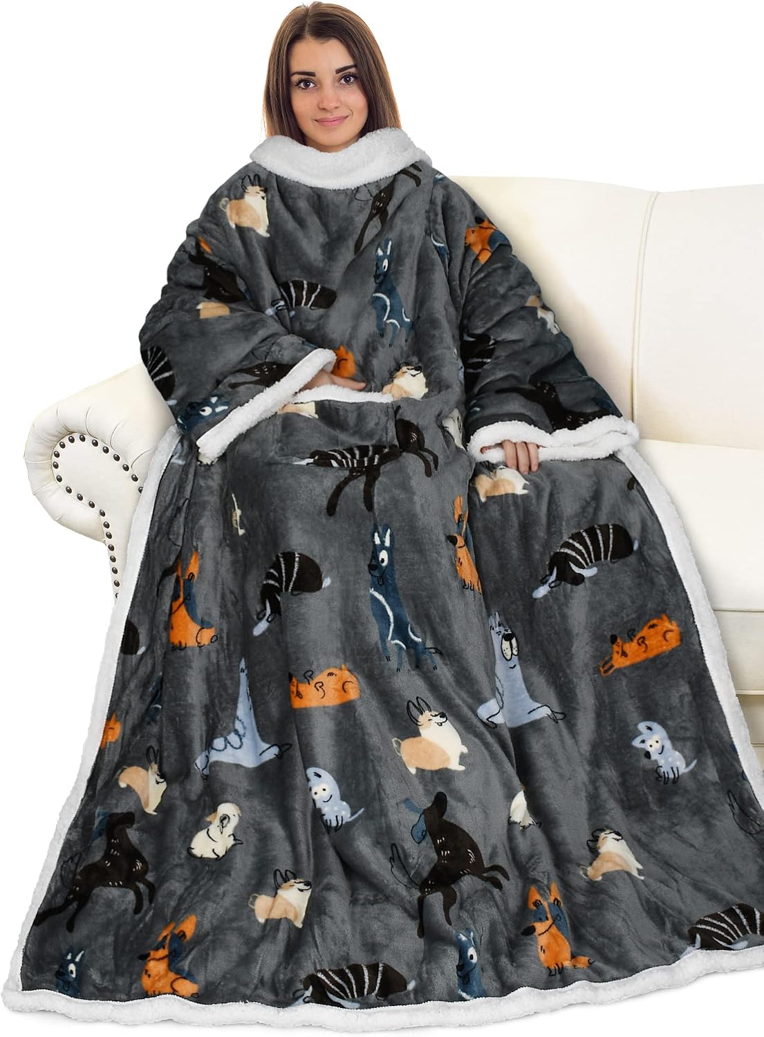 Catalonia Sherpa Wearable Blanket with Sleeves and Pocket for Adults