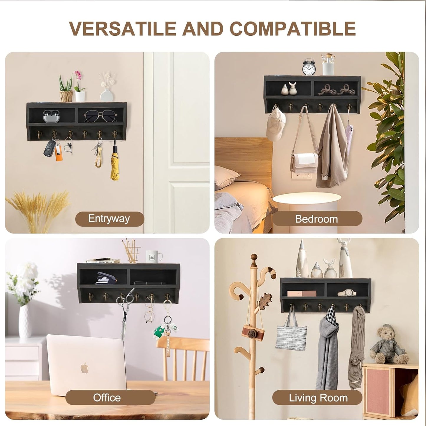 Key Holder Wall Mount with Mail Organizer, 6 Hooks & Shelf, Brown | Wood Key Holder Wall Mount with 6 Key Hooks, Shelf & Storage Box and Mail Organizer for Entryway, Apartment, Home and Office