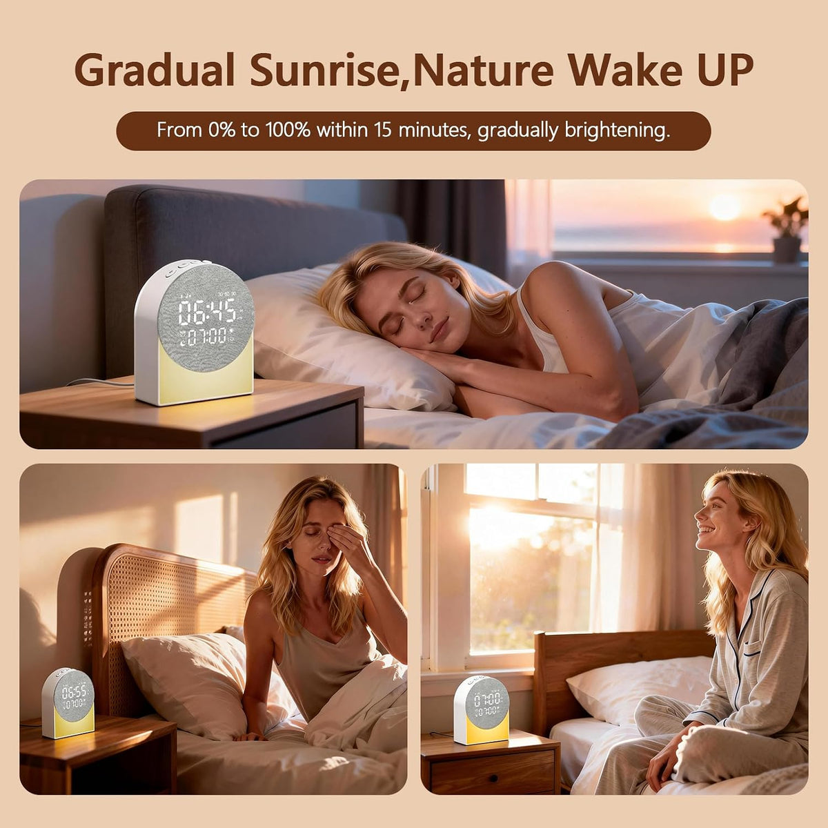 Sunrise Alarm Clock White Noise Sound Machine Night Light, Sound Machine with Speakers Bluetooth Wireless Timer Digital Alarm Clock Rechargeable LED Night Lights for Bedroom Decor Birthday Gift
