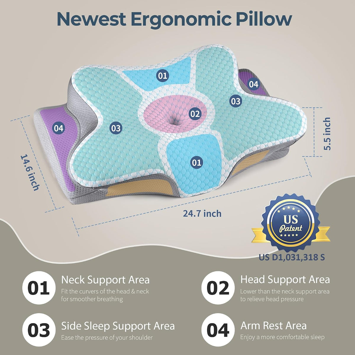 Cervical Pillow for Neck Pain Relief, Ergonomic Neck Pillow for Sleeping, Contour Side Sleeper Pillow for Neck Support, Orthopedic Cooling Memory Foam Pillows for Back Stomach Sleepers (White & Blue)