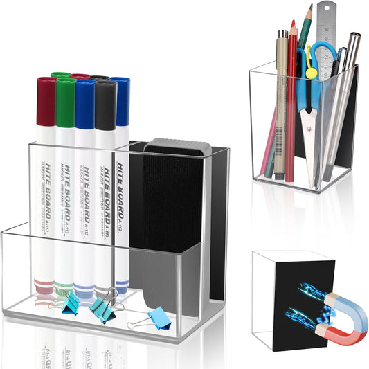 Comkrivy 2 Pack Acrylic Dry Erase Marker Holder with Full Magnet Back and 4 Compartments, Magnetic Pencil Cup Locker Organizer for Refrigerator Whiteboard Office School