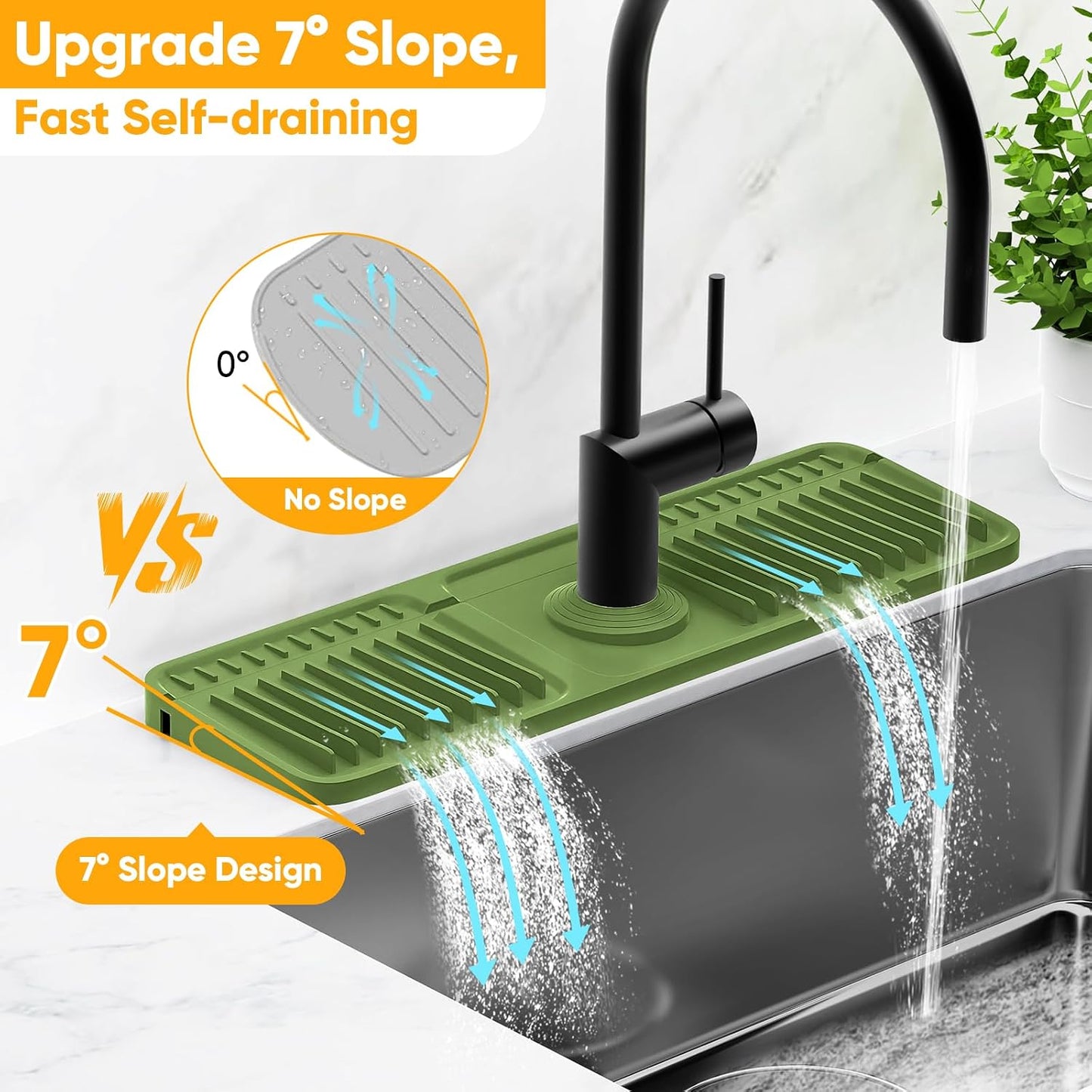 24'' Longer Faucet Mat for Kitchen Sink Splash Guard[7° Slope Fast Self-draining][Snap Lock Fit]Kitchen Sink Faucet Mat Splash Guard Kitchen Sink Area Water Splash Guard Behind Faucet Draining Mat