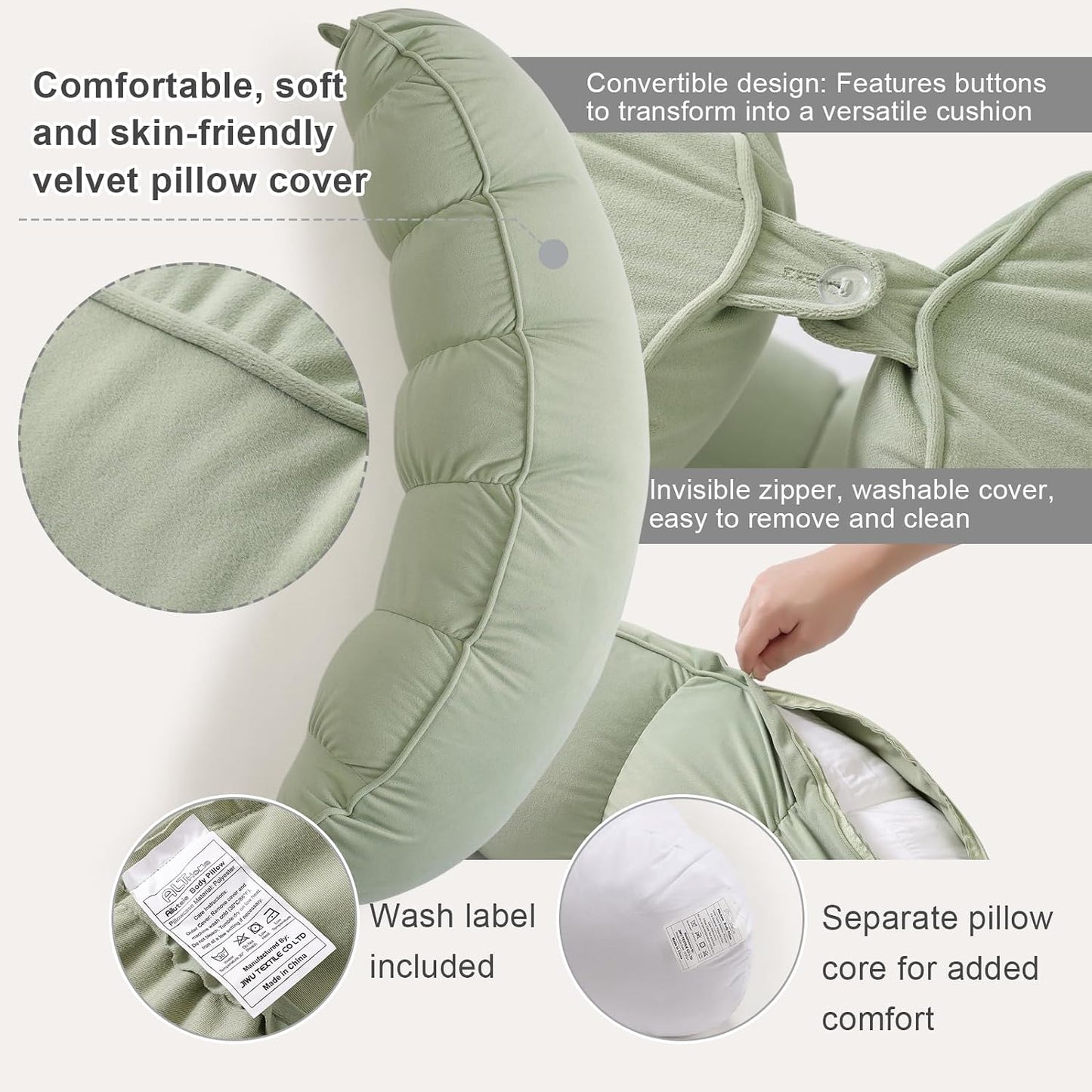 Peallow(Pat. Pend) – Long Round Body Pillow for Adults, Bolster Pillow for Sleeping, Soft and Supportive Pillow for Sleeping & Lumbar Support (Green-White, 29.5")