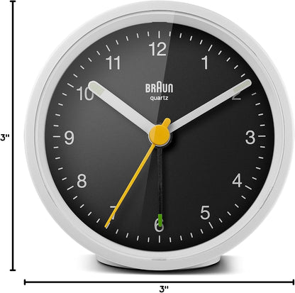 Braun Classic Analogue Alarm Clock with Snooze and Light, Quiet Quartz Movement, Crescendo Beep Alarm in White, Model BC12W.