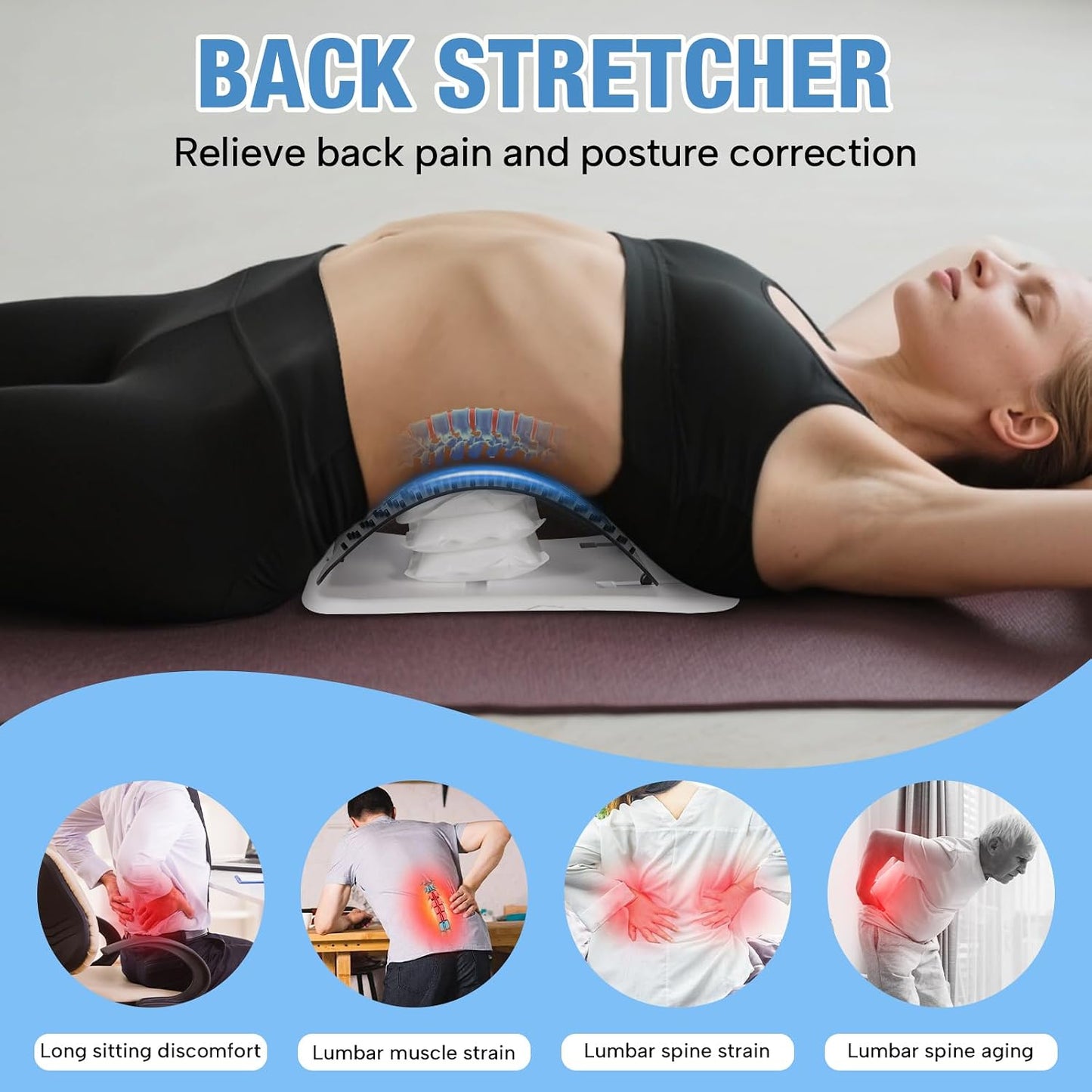 Back Stretcher for Lower Back, Pneumatic Adjustable Lumbar Support Board with 10 Magnets and 90 Massage Points, Daily Back Stretching Device for Home, Office, Yoga and Travel