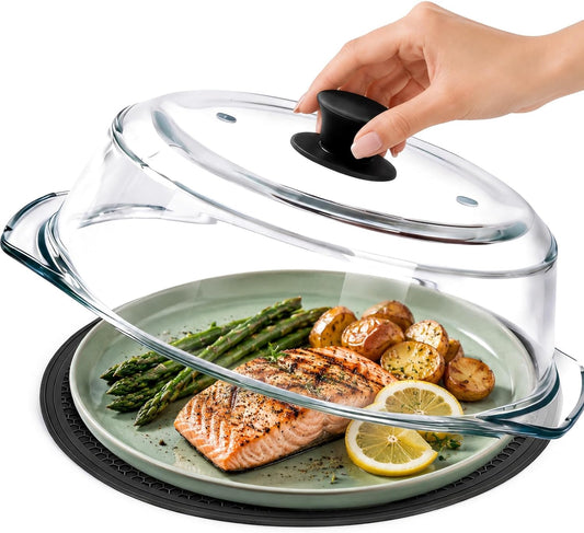Glass Microwave Splatter Cover With Silicone Mat | Heat-Resistant Borosilicate Glass, Splatter Protection,Anti-Scald Handle,Dual Steam Vents, BPA-Free,Dishwasher Safe