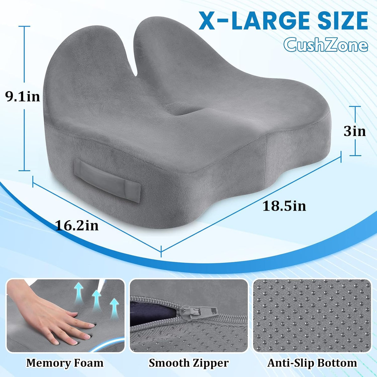 CushZone Ergonomic Seat Cushion, Sciatica Support for Office Chair, Black
