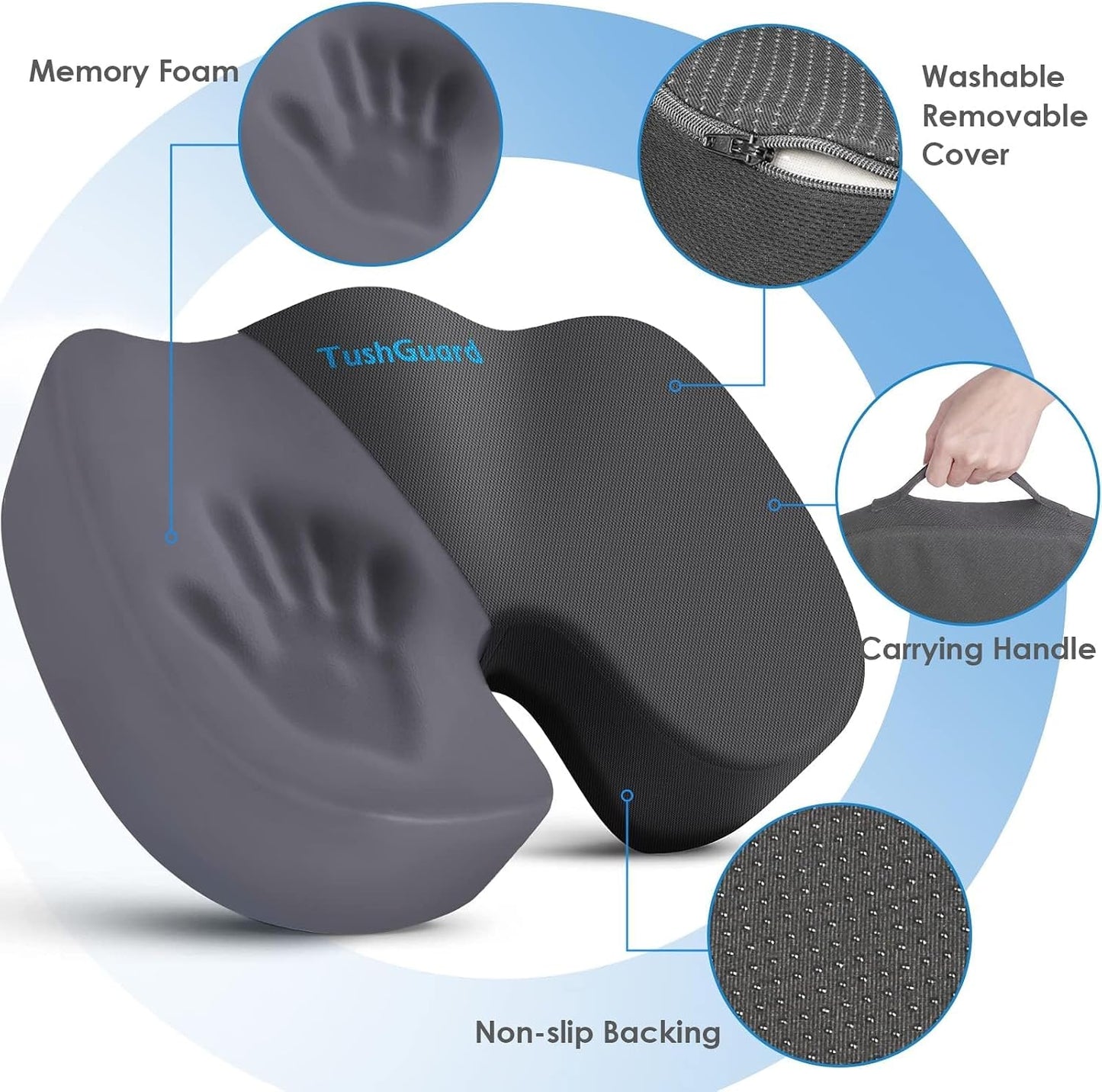 TushGuard Seat Cushion for Office Chair, Car, Memory Foam, Black Large | For Back, Coccyx, Sciatica, Tailbone Pain, Ergonomic Design, Non-Slip, Desk Wheelchair Use, Supportive Butt Pillow, For Man