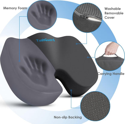 TushGuard Seat Cushion for Office Chair, Car, Memory Foam, Black Large | For Back, Coccyx, Sciatica, Tailbone Pain, Ergonomic Design, Non-Slip, Desk Wheelchair Use, Supportive Butt Pillow, For Man