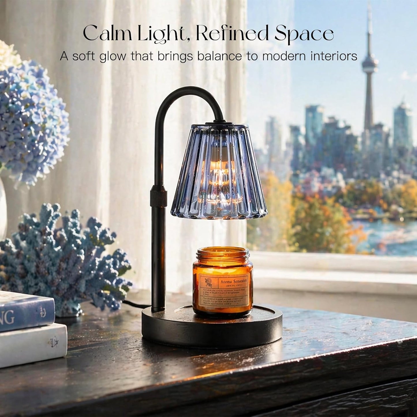 Candeldo Candle Warmer Lamp with Timer, Navy Blue Glass Shade | Height Adjustable, Dimmable, Elegant Home Decor, Birthday and Housewarming Gift for Candle Lovers, Includes 2 Bulbs
