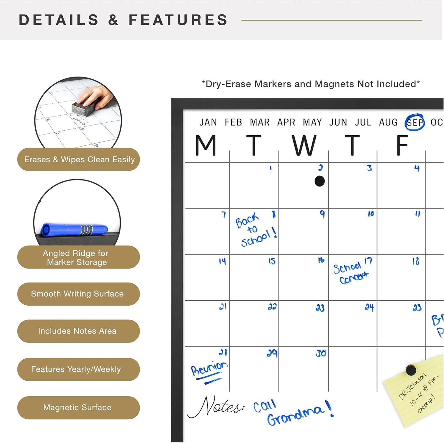 MCS Dry Erase Weekly Meal Planner Black Framed Calander Whiteboard, 11x24 | Dry Erase Weekly Meal Planner Black Framed Calander Whiteboard Frame, 11x24 Inch