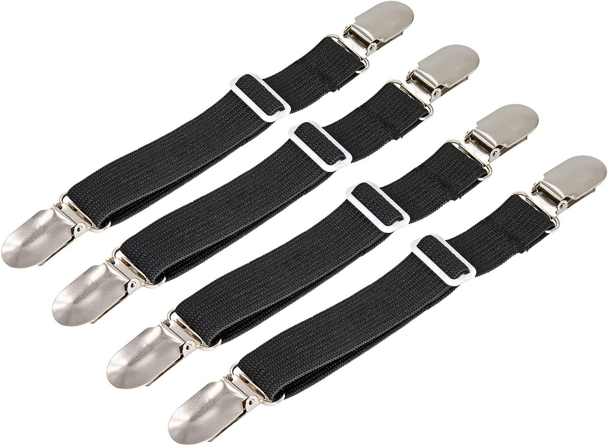 BetyBedy 4Pcs Adjustable Bed Sheet Fasteners Suspenders, Elastic Sheet Band Straps Clips, Cover Grippers Suspenders Holder for Mattress Pad Cover, Sofa Cushion (Black)