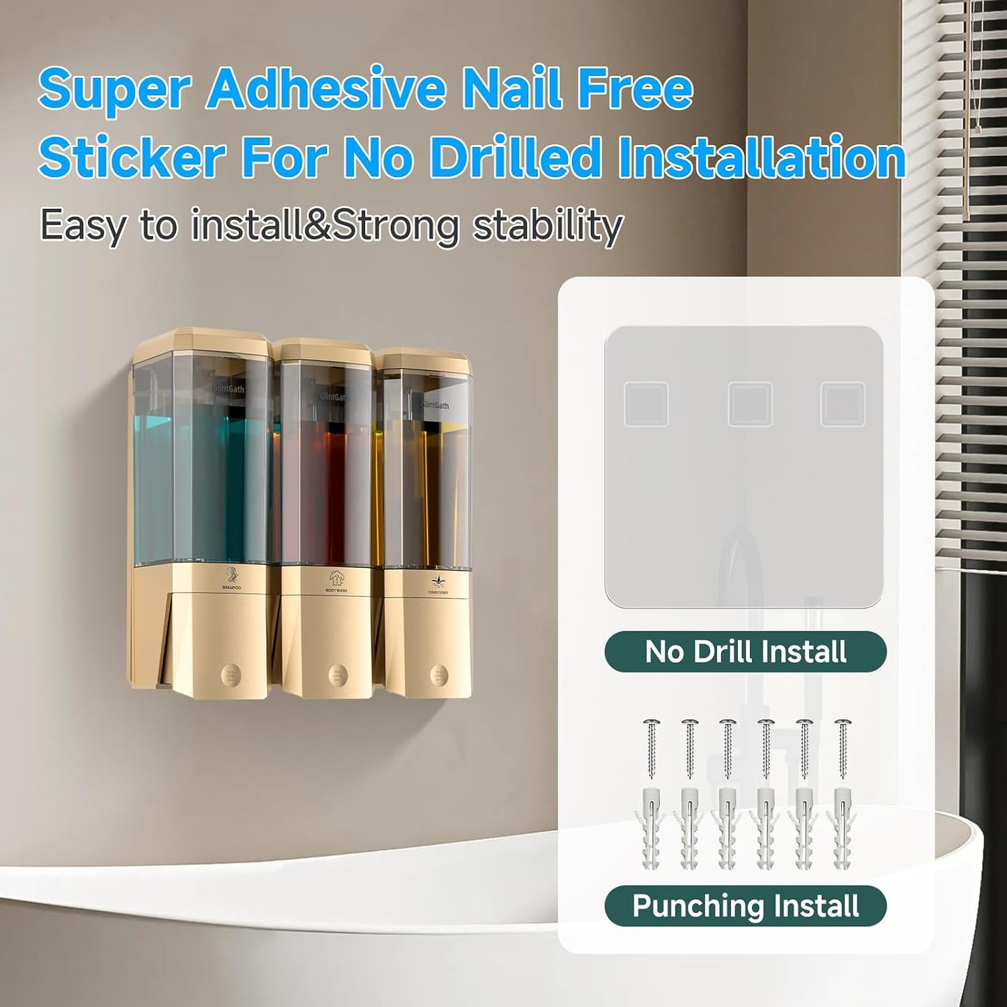 Shampoo and Conditioner Dispenser,Shower Dispenser 3 Chamber No Drill Shampoo Dispenser for Shower Wall Mounted Shower Soap Dispenser for Bathroom Hotel,Large Capacity 3 * 500ML,Gold