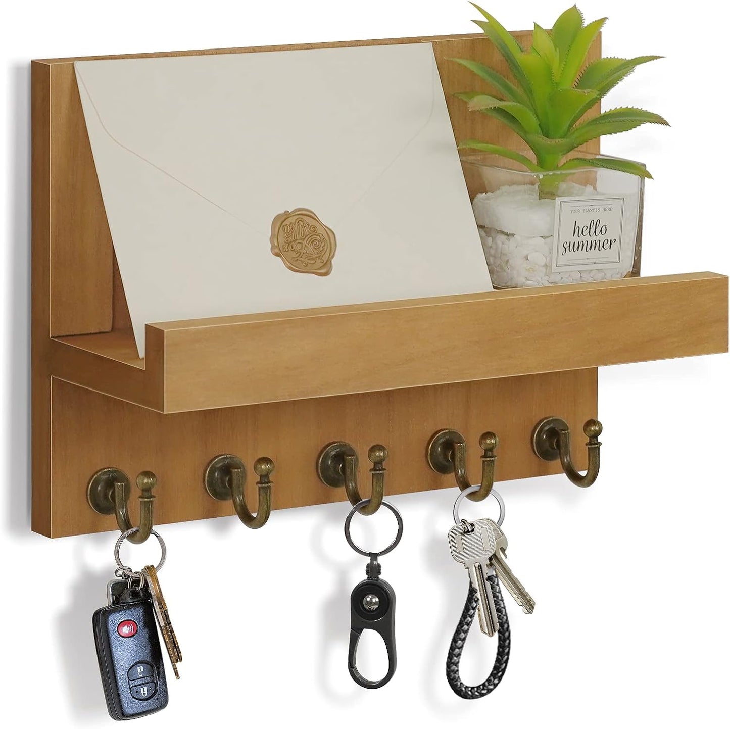 HONJIN Key Holder Wall Mount with Shelf and 5 Sturdy Key Hooks (White) | Key and Mail Holder Wall Mount, Wooden Entryway Organizer and Decorative, Easy Installation, 10*3.8*6.85 Inch