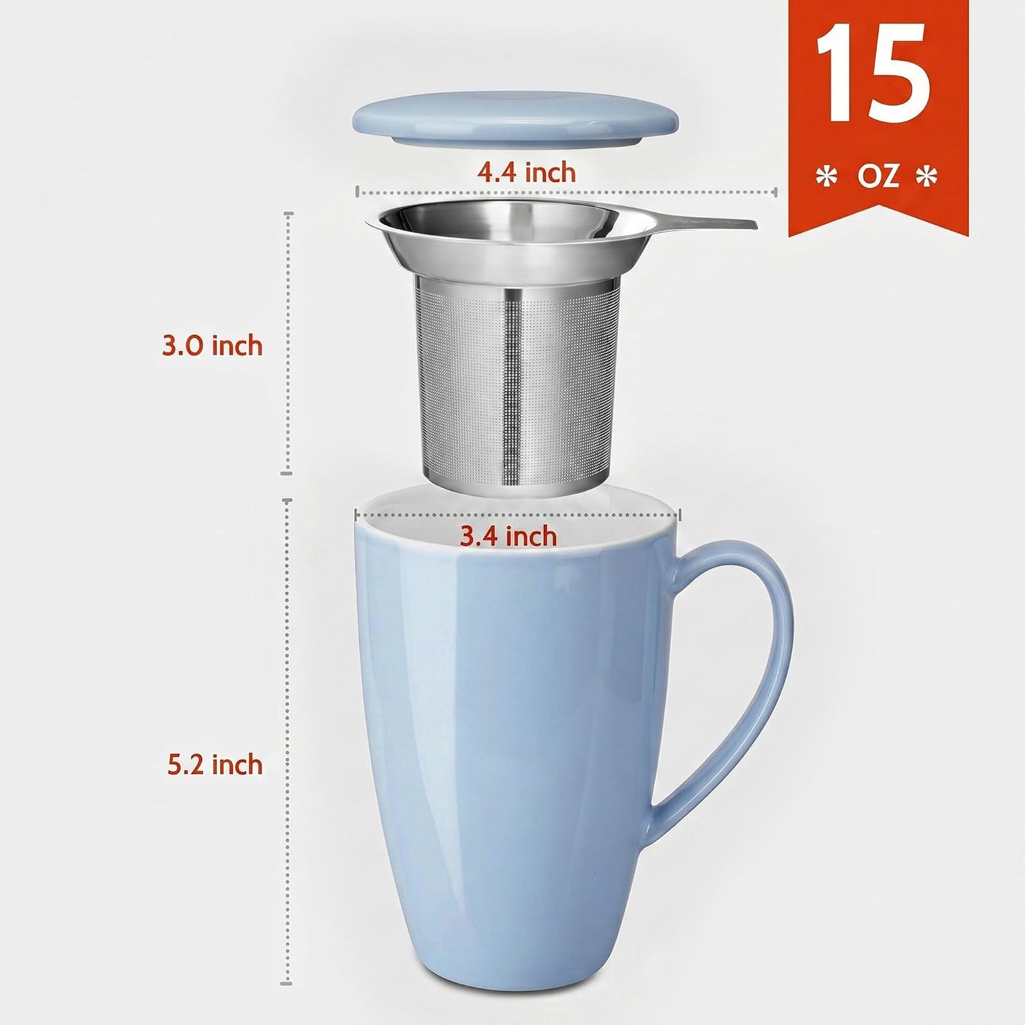 Sweese 15oz Porcelain Tea Mug with Infuser and Lid – Microwave Safe, Ergonomic Handle, Lead-Free Glaze, for Loose Leaf Tea
