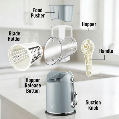 Zulay Kitchen Rotary Cheese Grater 5 Blade Cheese Shredder - Manual Hand Crank Cheese Grater With Reinforced Suction & 5 Interchangeable Drums - Easy to Use, Vegetable Chopper Round Mandoline Slicer - Colors A