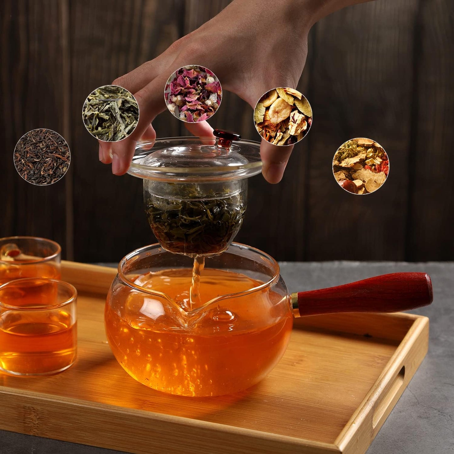 WHJY Glass Teapot with Infuser for Loose Tea, Small Clear Magic Tea Kettle for Stove Top, Clear Japanese Tea Kettle with Wooden Handle Kyusu Teapot - 17oz