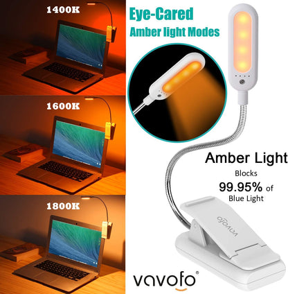 VAVOFO Rechargeable Book Light, Blue Light Blocking, Amber 1600K Clip On Reading Light, Eye Care 7 LEDs Kids Book Light for Reading in Bed with Power Indicator for Bookworms (Neon Orange)