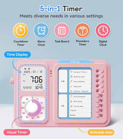 3-in-1 Visual Timer & ADHD Tool for Kids|Adults | Task Timer with Chore Chart Board, Visual Schedule for Kids Autism, Daily Checklist for Home, School, Classroom, Desk (White)