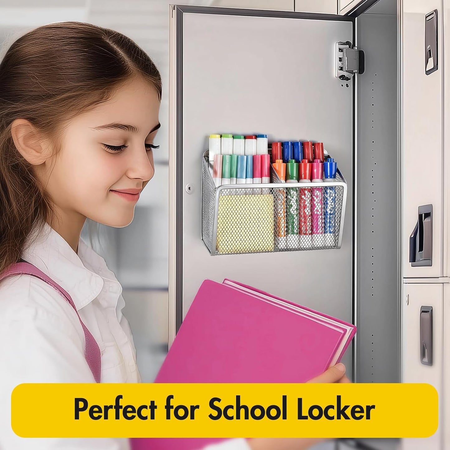 BEYGORM Magnetic Dry Erase Marker Holder for Whiteboard, Locker Organizer | Mesh Non-slip Pen & Pencil Holder for Refrigerator, Basket for Classroom, School &Office (Black, 1-Pack)