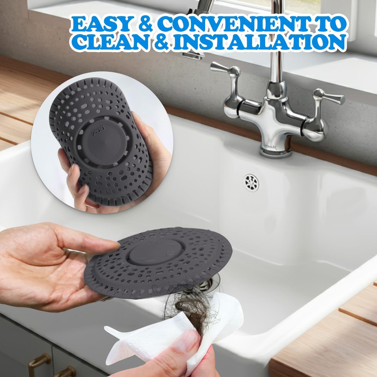 Shower Drain Hair Catcher Silicone Flat Floor Strainer Protector | 2 Pack Gray Weighted Flat Shower Drain Protectors, Traps Hair Before Clogs, Easy to Clean in Seconds, Fits Flat Floor Drains