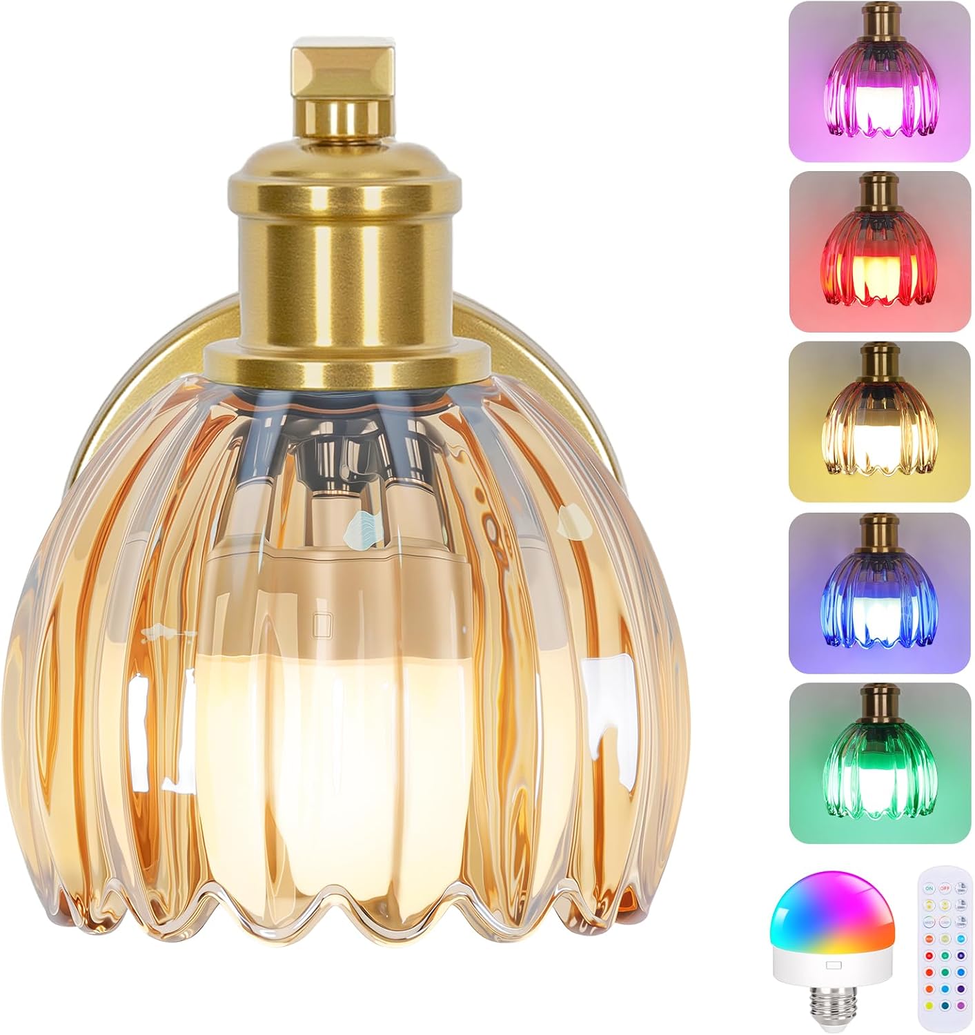 Rechargeable Battery Operated Wall Sconce Set of Two with Green Glass Lampshade, Wireless Battery Powered Wall Lamp with Remote Control, 15 Colors Gold Wall Light for Bedside Hallway Bedroom Doorway