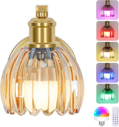Rechargeable Battery Operated Wall Sconce Set of Two with Green Glass Lampshade, Wireless Battery Powered Wall Lamp with Remote Control, 15 Colors Gold Wall Light for Bedside Hallway Bedroom Doorway