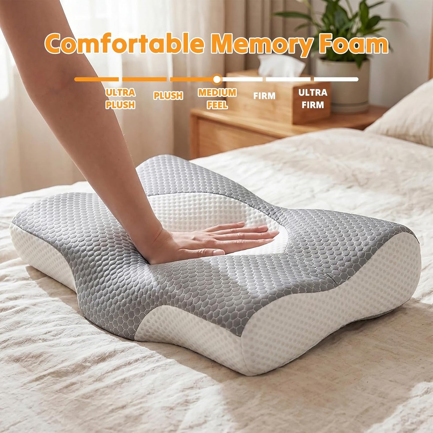 NEWBULIG Cervical Neck Pillow, Ergonomic Contour Memory Foam and Detachable Roll Pillow for Neck Pain Relief Side Back Stomach Sleepers with Cooling Breathable Cover