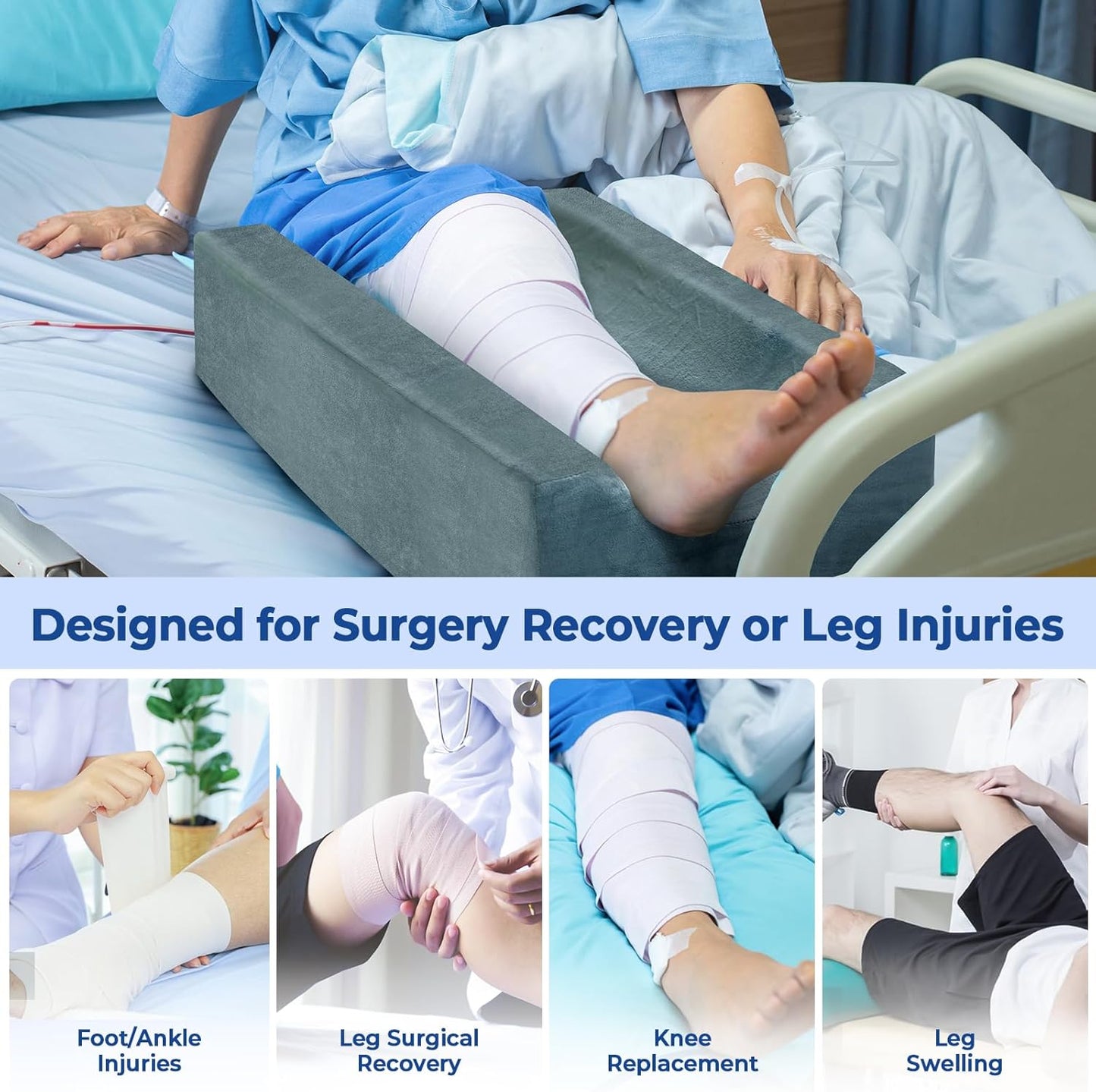 KingPavonini 4-Height Adjustable Leg Elevation Pillows for After Surgery | Soft Yet Supportive Memory Foam, Fits Various Heights, Relieve Pain & Swelling, 4 Handles & Insert Pad, Washable Velvet Cover