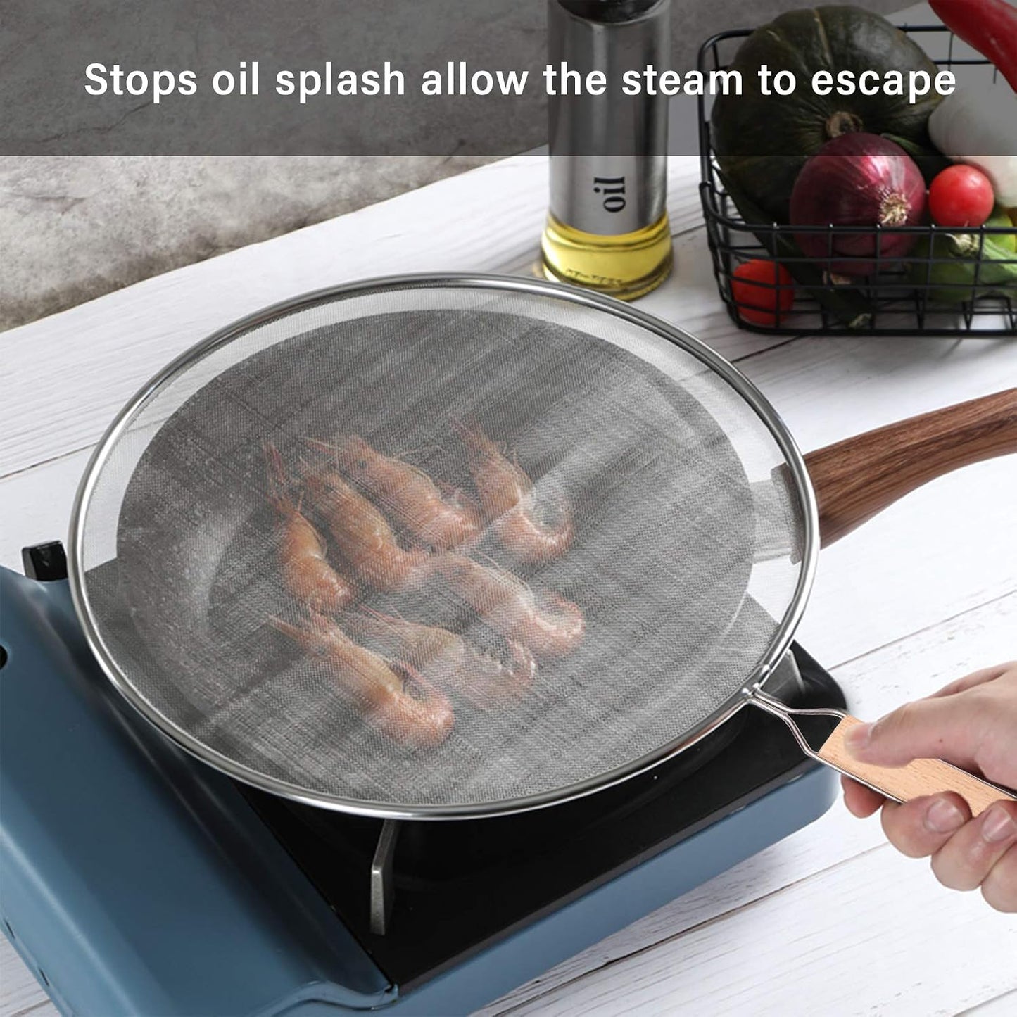3PCS Grease Splatter Screen for Frying Pan,Stainless Steel Grease Guard | Grease Splatter Guard Shield for Kitchen Frying Pan Cooking Supplies Set of 9.44", 10.8" and 12.5" inch (Wood Handle)