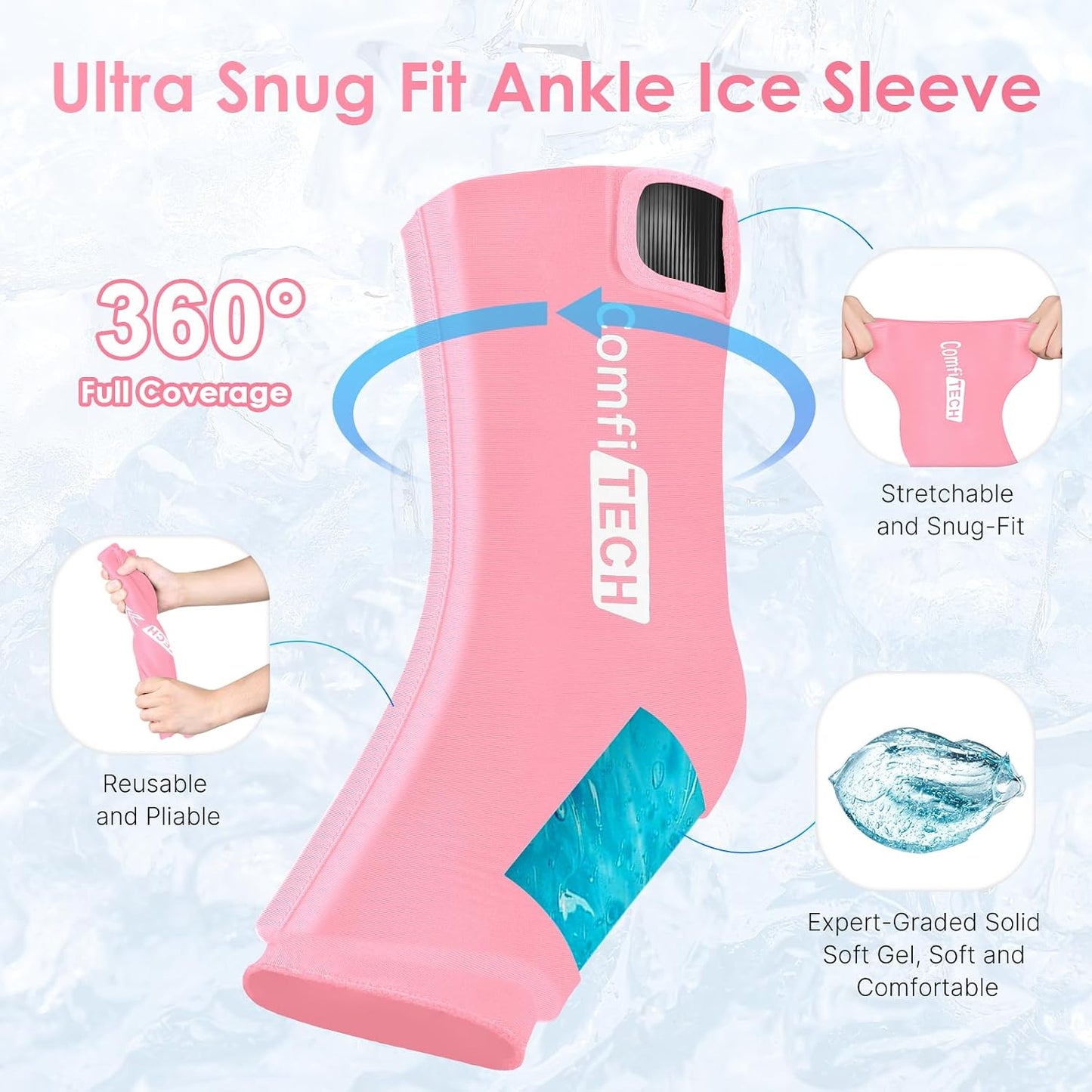 ComfiTECH Ankle Ice Pack Wrap, Large Opening for Foot & Heel, L, Pink | Pliable After Frozen, Eases Ankle Sprains, Heel Soreness & Foot Swelling