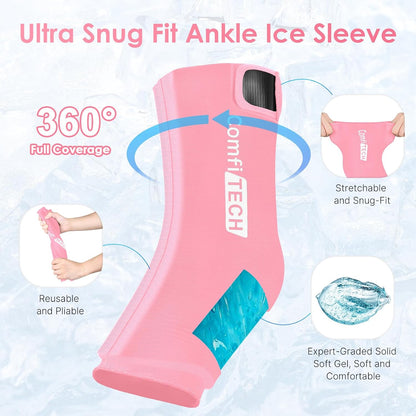 ComfiTECH Ankle Ice Pack Wrap, Large Opening for Foot & Heel, L, Pink | Pliable After Frozen, Eases Ankle Sprains, Heel Soreness & Foot Swelling