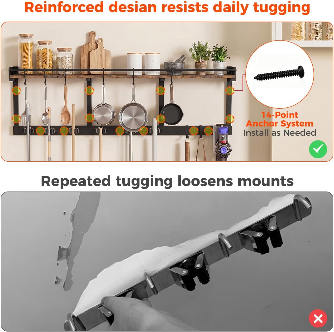 Broom Holder Wall Mount with Shelf, Black, L | 3 in 1 Broom and Mop Organizer, Wall Hanging, For Laundry, Garage, Utility, Vacuum Stand Alternative