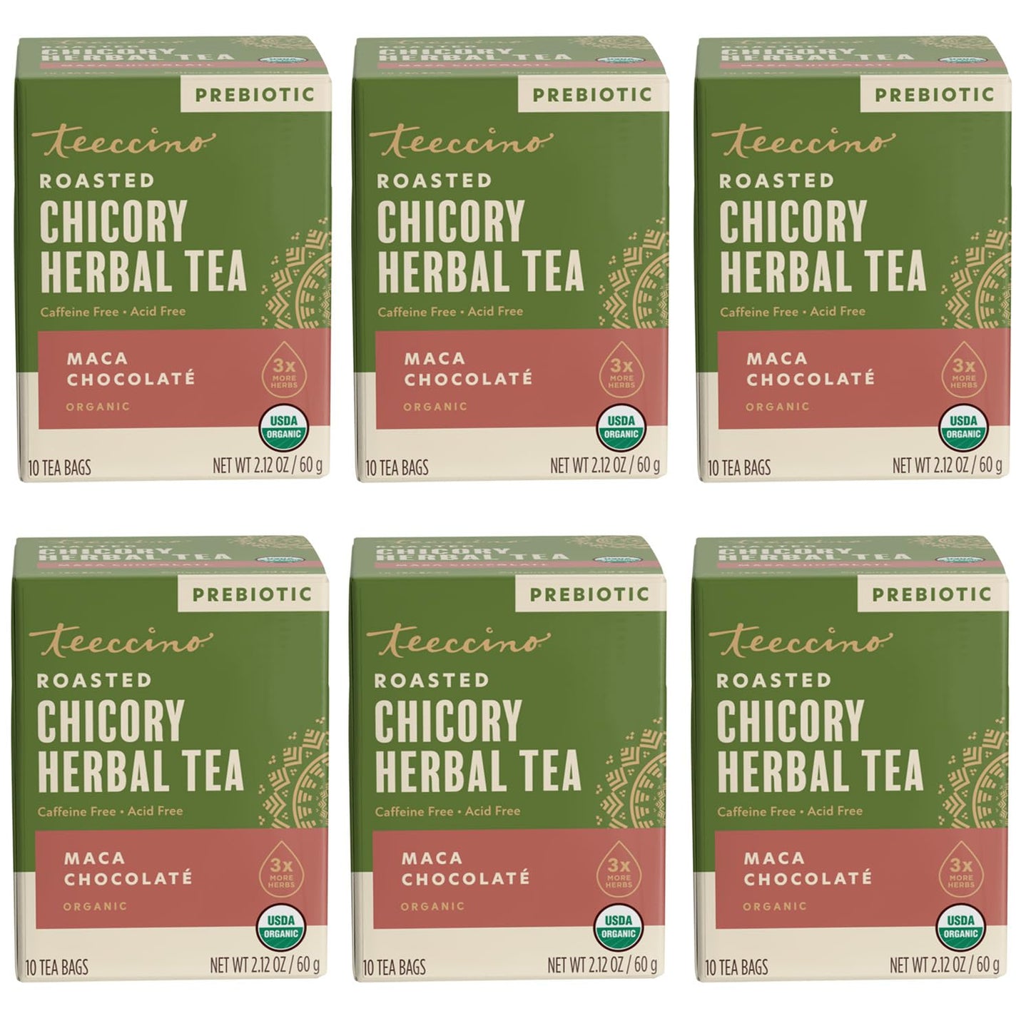 Teeccino Herbal Tea Sampler Assortment - 12 Tea Bags - Maca Chocolaté, French Roast, Hazelnut, Vanilla Nut - Roasted Caffeine Free Herbal Tea, Prebiotic for Natural Energy