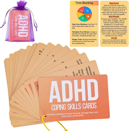 24 Double-Sided ADHD Therapy Tools & Coping Skills Cards for Adults & Teens – Executive Function, Anxiety Relief & ADHD Organization – Portable Flashcards with Digital App Suggestions