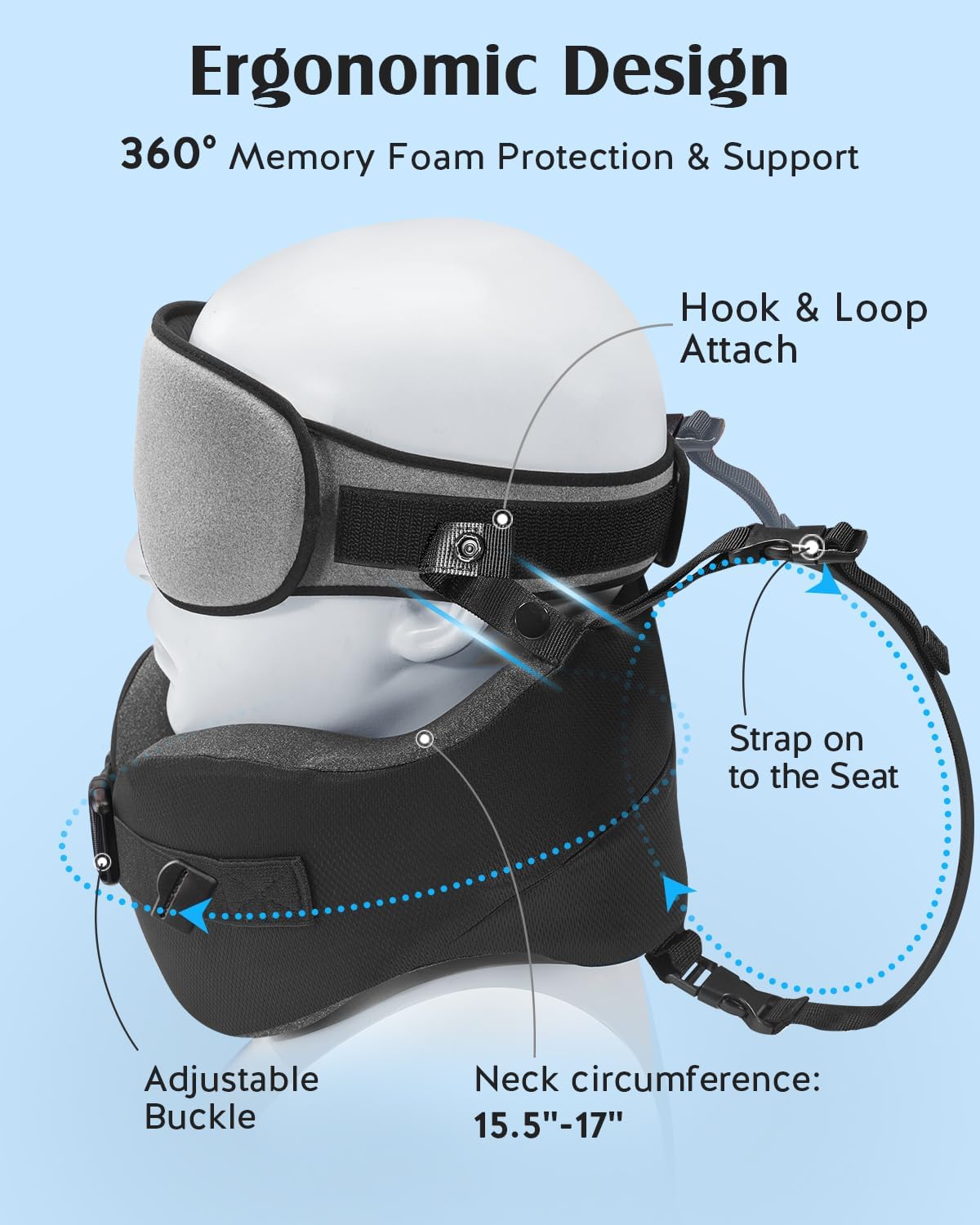 YFONG Travel Pillow with Head Support & Sleep Mask for Long Flights, Black | Patented 360° Support System, Prevents Bobbing, Airplane Head Strap, 3D Eye Mask, Memory Foam Neck Pillow, Travel Essential
