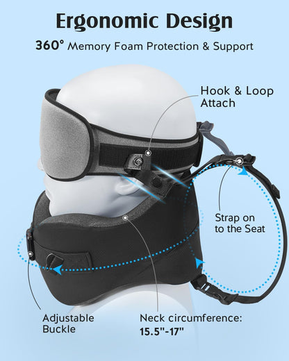 YFONG Travel Pillow with Head Support & Sleep Mask for Long Flights, Black | Patented 360° Support System, Prevents Bobbing, Airplane Head Strap, 3D Eye Mask, Memory Foam Neck Pillow, Travel Essential