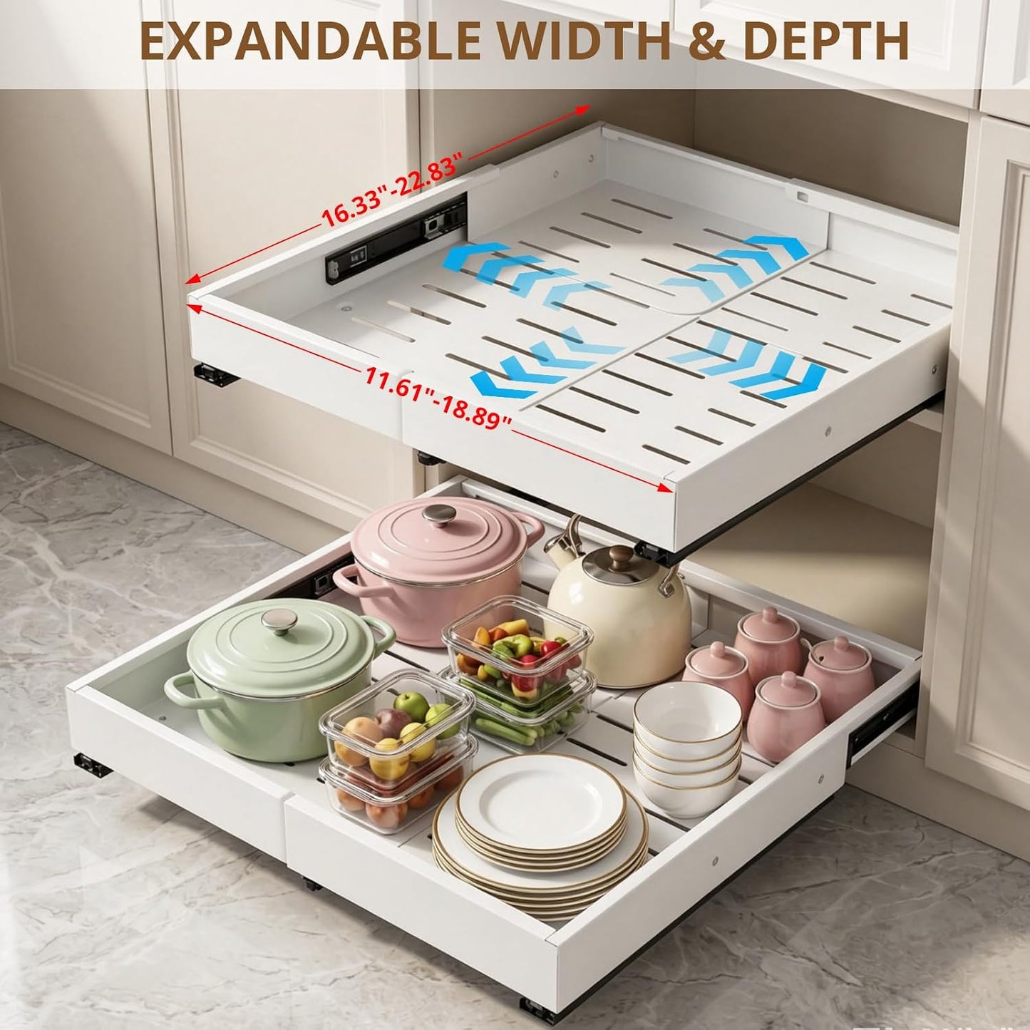 DOMNIU Pull Out Cabinet Organizers Expandable,White,16.9"Depth,2 Pack | Slide Out Drawers for Kitchen, Bathroom, Pantry, Under Sink Storage, Fixed with Adhesive Nano Film (11.6''-17.5'')