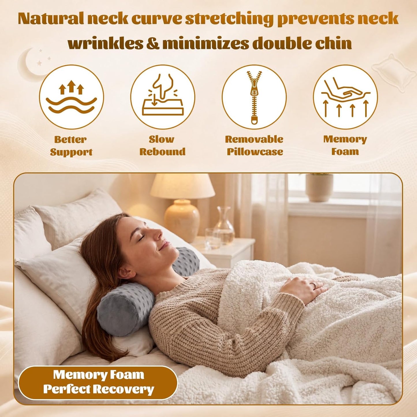 2 Pcs Cylindrical Cervical Neck Pillow for Pain Relief, Memory Foam 18" x 4" Round Pillow with Removable Washable Cover, Cylinder Bolster for Cervical Support, Sleeping, Travel, Home, Office