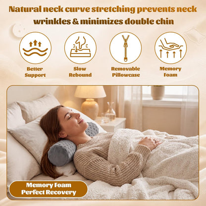 2 Pcs Cylindrical Cervical Neck Pillow for Pain Relief, Memory Foam 18" x 4" Round Pillow with Removable Washable Cover, Cylinder Bolster for Cervical Support, Sleeping, Travel, Home, Office