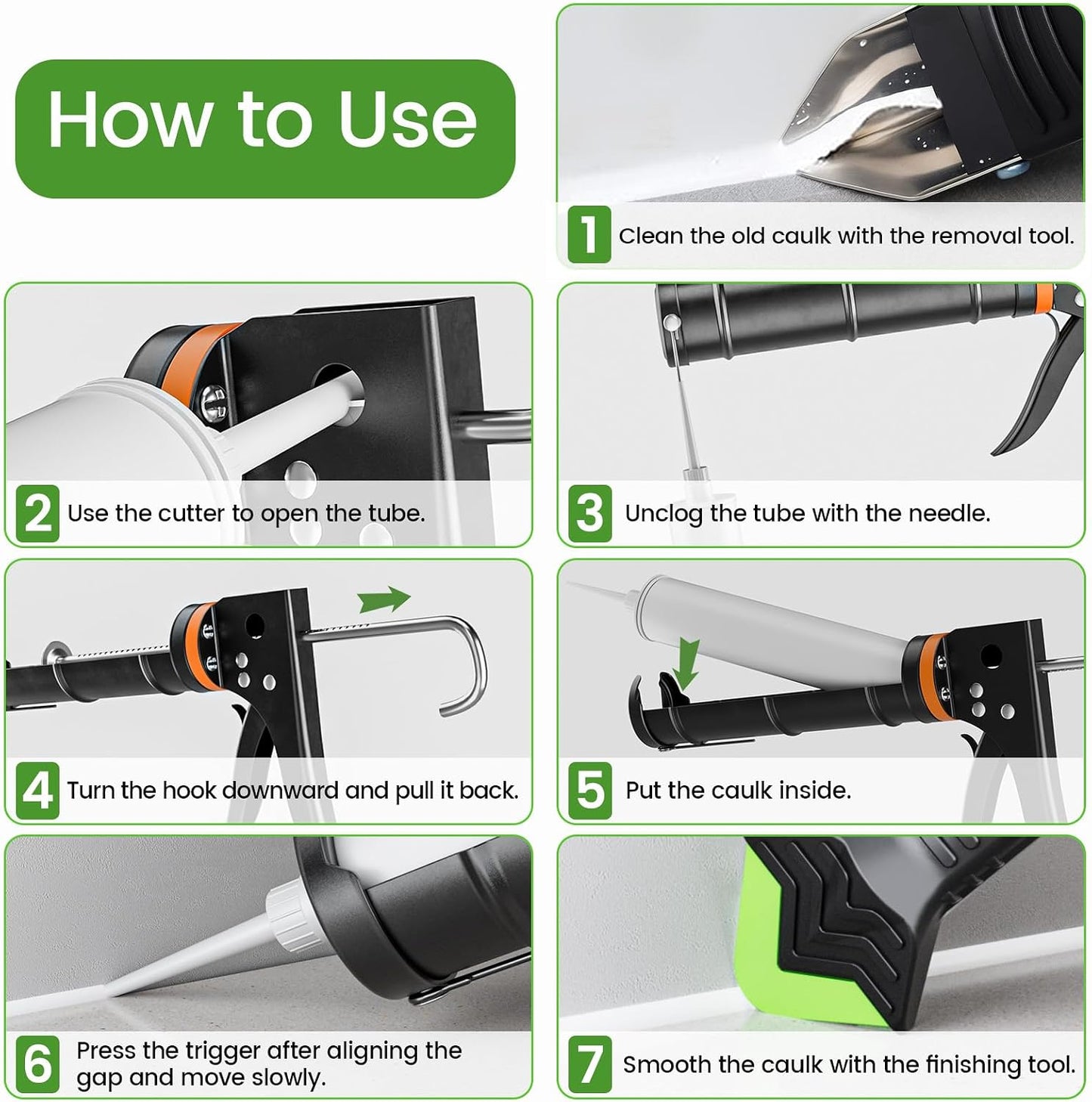 Professional Caulk Gun Kit with Caulk Remover Tool & Putty Knife - 5 in 1 Caulking Tool Set for Caulking Removal, Shower & Bathroom Caulk, Includes Caulking Gun Tool, Caulk Scraper Tool Spackle Knife