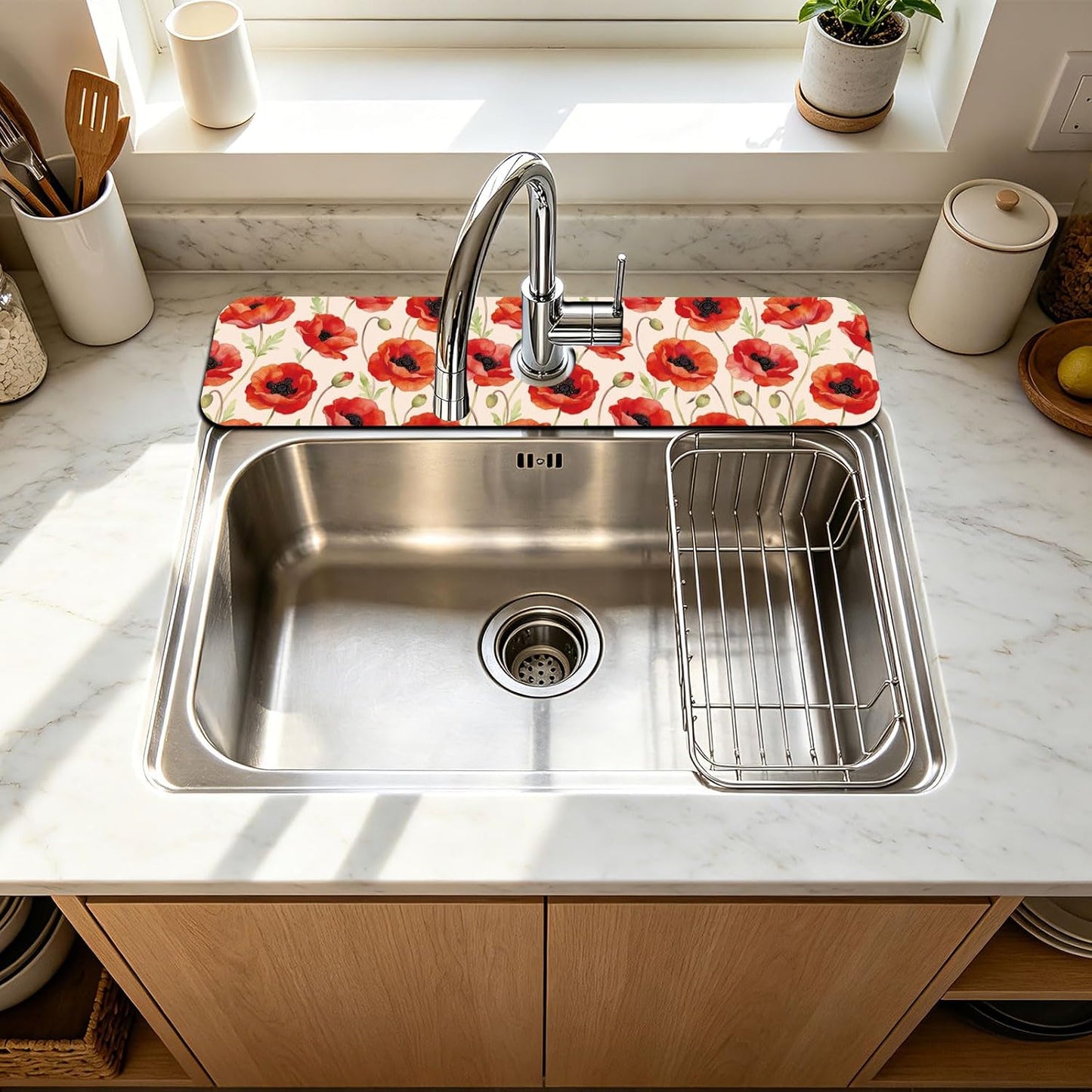 2 Pcs Kitchen Sink Splash Guard Faucet Mat Wood Grain Pattern Faucet Mat for Sinks Natural Wood Color Absorbing Drying Mats for Kitchen Bathroom, 23.6x5.5inch