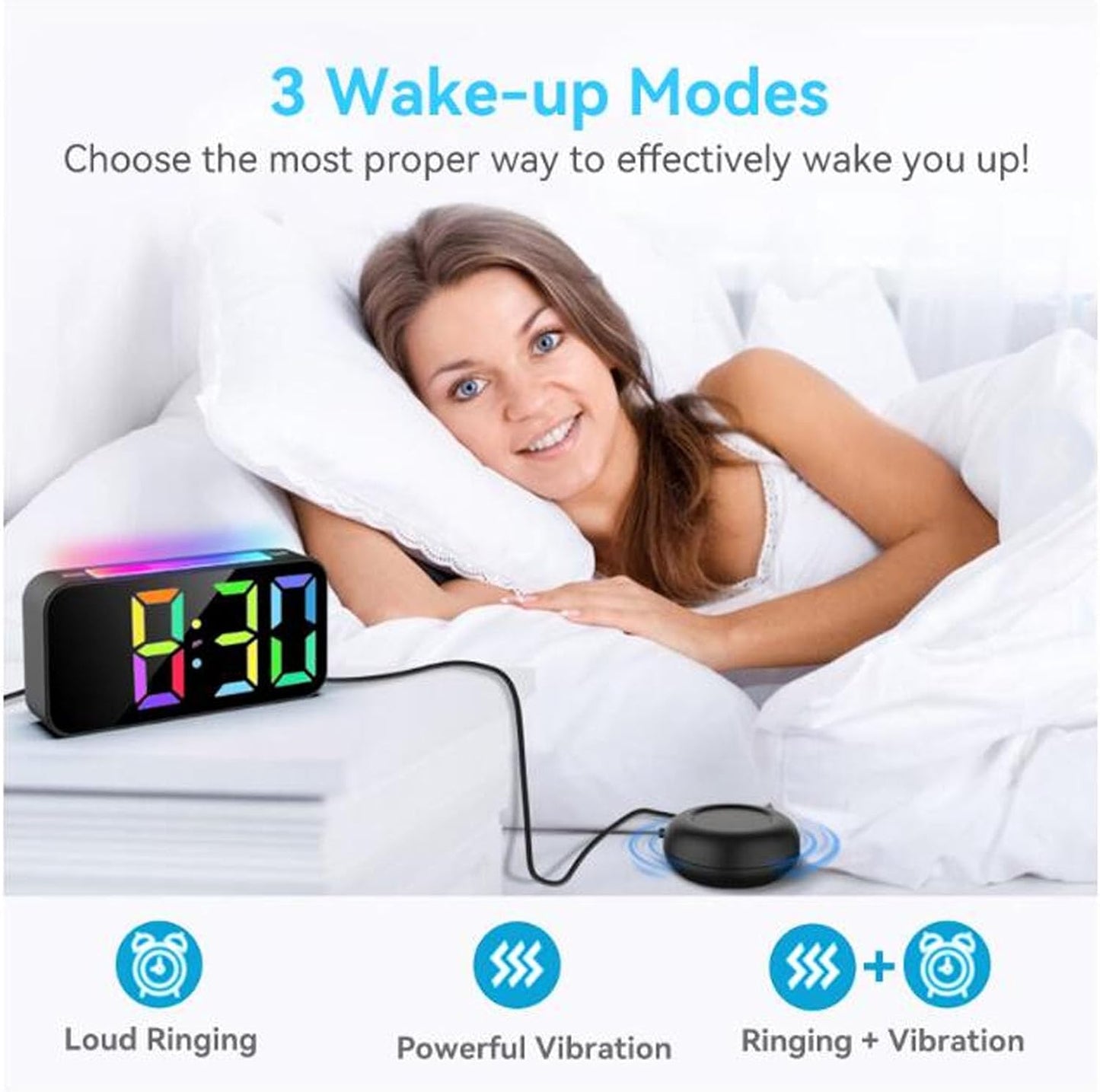 ciciglow RGB Loud Alarm Clock with Bed Shaker for Heavy Sleeper, 3 Modes Vibrating Alarm Clock, 7.4 Inch LED Display, 12/24H, Snooze, Brightness Adjustable