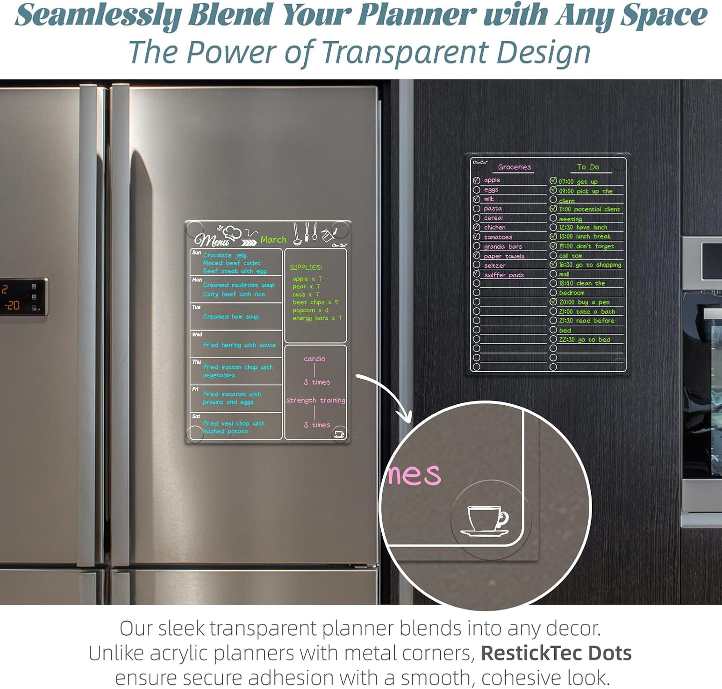 Clear Non-Magnetic Calendar Set for Fridge - Dry Erase Transparent Monthly and Weekly Calendar, List and Blank Whiteboard - Sticks to Wall, Glass, Door, Any Smooth Surfaces