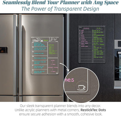 Clear Non-Magnetic Calendar Set for Fridge - Dry Erase Transparent Monthly and Weekly Calendar, List and Blank Whiteboard - Sticks to Wall, Glass, Door, Any Smooth Surfaces