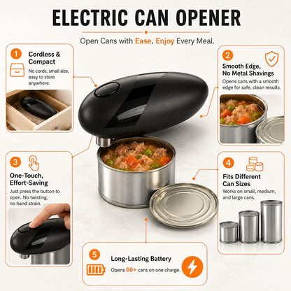 Battery Electric Can Opener, One-Touch,Hands-Free,Smooth Edge,Black,Compact
